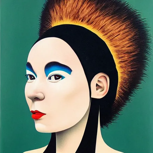 Prompt: very detailed portrait of bjork wearing dramatic makeup. painted by rene magritte, 1 9 2 7. oil on canvas.