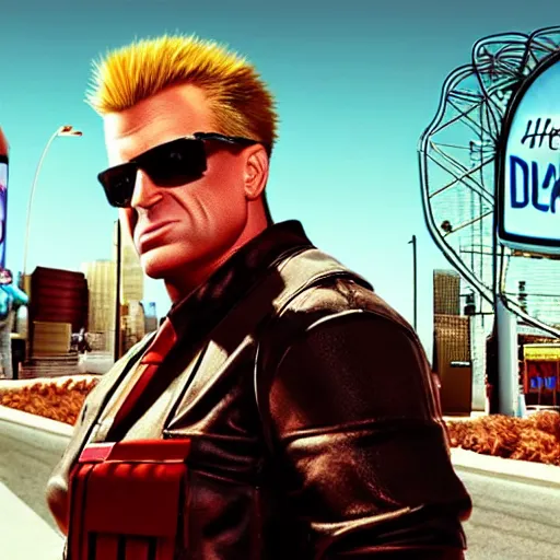 Image similar to [UHD candid photo of Duke Nukem on the streets of dystopian Las Vegas, correct face, accurate details, graphic detail, sharp focus by Annie Leibowitz]