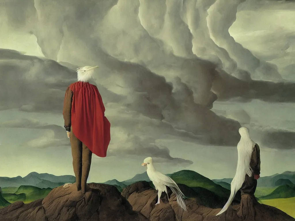 Image similar to albino mystic, with his back turned, looking at a storm over over the mountains in the distance, with the evolution of life, exotic bird, reptile, mammal. Painting by Jan van Eyck, Audubon, Rene Magritte, Agnes Pelton, Max Ernst, Walton Ford