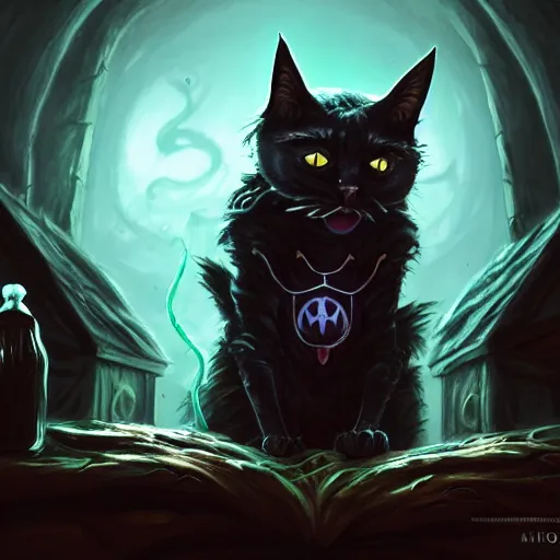 Image similar to Anthropomorphized dark Cat, evil, brewing potion in witch Hut, magic the gathering artwork, horror, D&D, fantasy, cinematic lighting, centered, symmetrical, highly detailed, digital painting, artstation, concept art, smooth, sharp focus, illustration, volumetric lighting, epic Composition, 8k, art by Akihiko Yoshida and Greg Rutkowski and Craig Mullins, oil painting, cgsociety