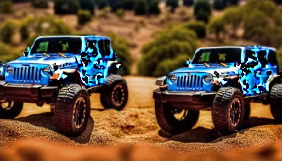 Image similar to Hot Wheels, Jeep Wrangler JKU, cinematic, Maxxis, 8k, depth of field, bokeh.