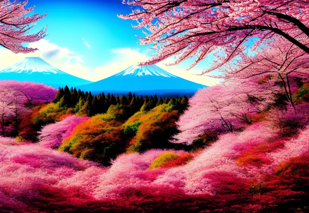 Image similar to a real photographic landscape painting with incomparable reality, wide angle, in forest, flowers, cherry blossom tree in full bloom, bright style, mount fuji, clearing, magnificent, artstation