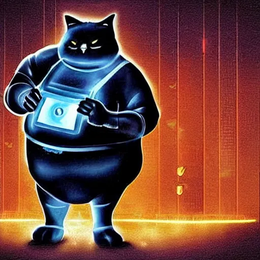 Image similar to Cute digital art depicting a fat cat as The Terminator (1984), glowing eyes