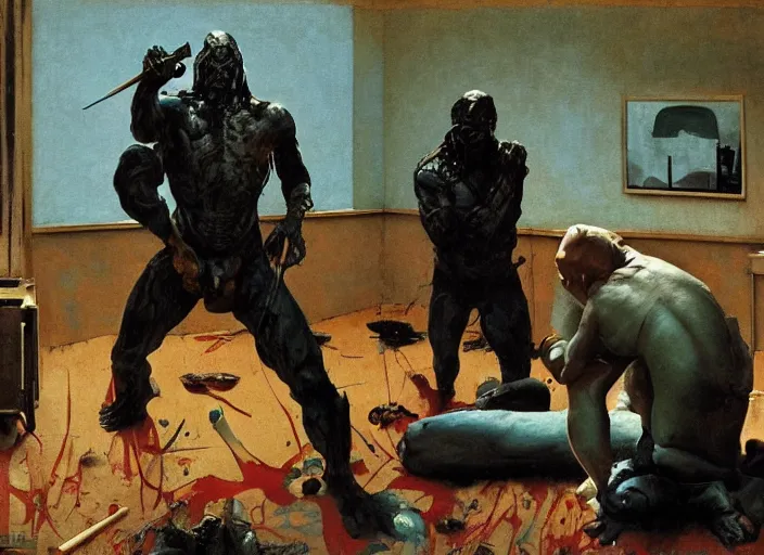 Prompt: a still from the film predator by francis bacon, surreal, soft blue living room, norman rockwell and james jean, greg hildebrandt, and mark brooks, triadic color scheme, by greg rutkowski, in the style of francis bacon and syd mead and edward hopper and norman rockwell and beksinski, dark surrealism, open ceiling