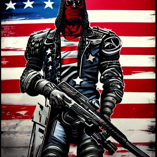 Image similar to America eagle with guns, cyborg, cyberpunk, goes hard, heavy metal, gritty, artstation, trending, detailed, patriotic.