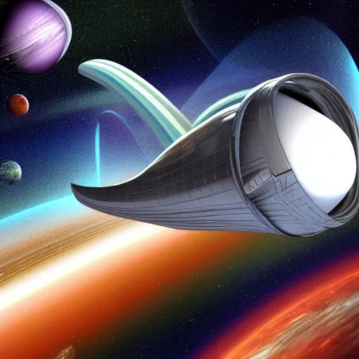 Image similar to space ship in space with alcubierre drive in warp space