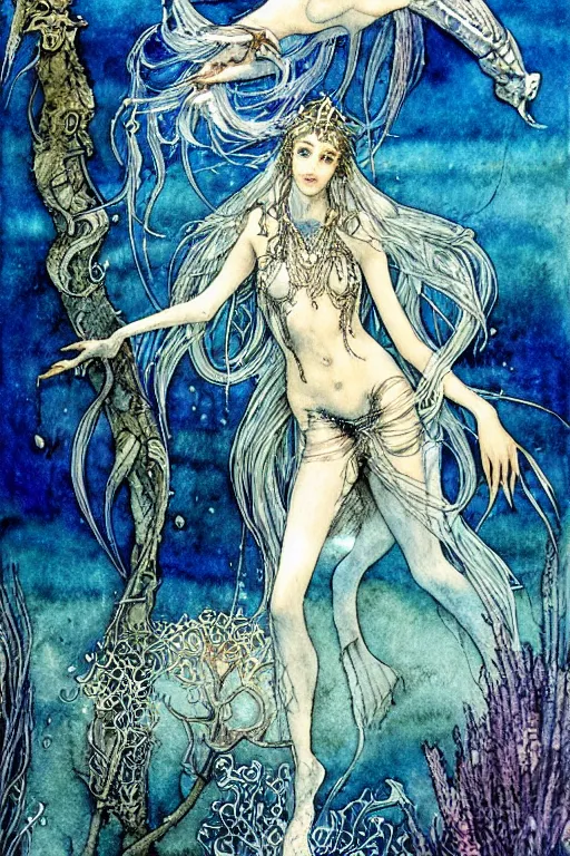 Image similar to painting of magical underwater kingdom art by luis royo and walter crane and kay nielsen, watercolor illustration, sharp focus