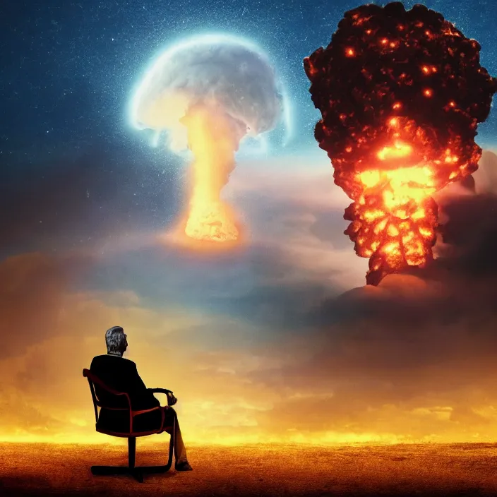 Image similar to cinematic movie, background blur bokeh, old man sitting in chair with black cat watching nuke explosion, world ending nuke, 4 k