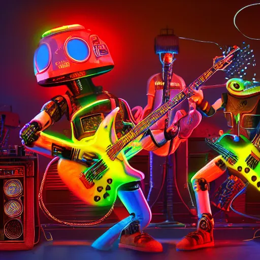 Prompt: album art, rockband with 3 dieselpunk robots playing guitar, robos rock, 8 k, flourescent colors, halluzinogenic, multicolored, exaggerated detailed, front shot, 3 d render, octane