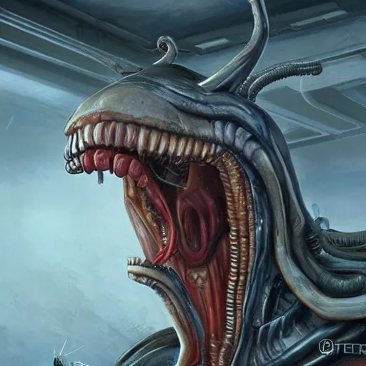 Image similar to hamburger as a xenomorph, painted bygreg rutkowski, john howe, wlop, artgerm