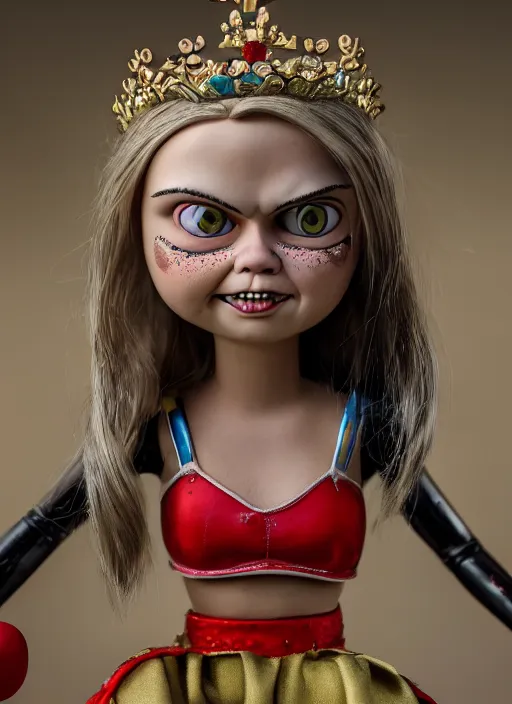 Image similar to closeup face profile portrait of a tin toy greta thunberg as the bride of chucky as a fairytale princess wearing a crown, bikini, depth of field, zeiss lens, detailed, fashion photoshoot, by nicoletta ceccoli, mark ryden, lostfish, breathtaking, 8 k resolution, extremely detailed, beautiful, establishing shot, artistic, hyperrealistic, octane render
