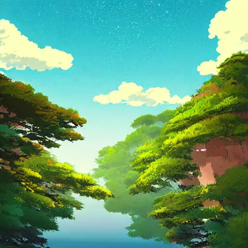Image similar to beautiful landscape by Studio Ghibli, digital art
