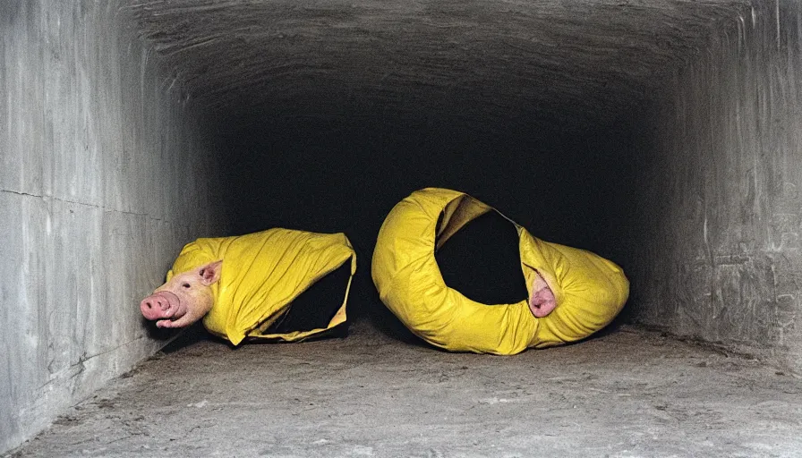 Image similar to 5 0 s movie still of a yelling pig in a flesh cocoon in a yellow tunnel, cinestill 8 0 0 t 3 5 mm technicolor, heavy grain, high quality, high detail