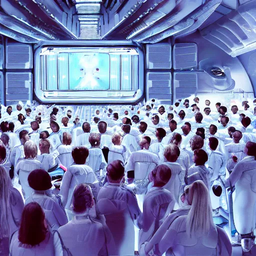 Image similar to unorganized crowd of angry chubby women, white hair, tight light blue neopren space uniforms, futuristic production facility, sci - fi, highly detailed, cinematic