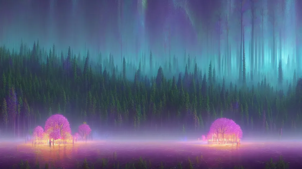 Image similar to highly detailed holographic iridescent glowing ethereal sci fi world with forests, mountains, fog at dusk, by gilbert williams, by simon stalenhag, by beeple, by bruce pennington, by moebius, octane render, with many different pastel shades of blue purple pink orange yellow green, beautiful prismatic volumetric lighting