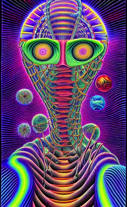 Image similar to trippy psychedelic alien world by alex grey