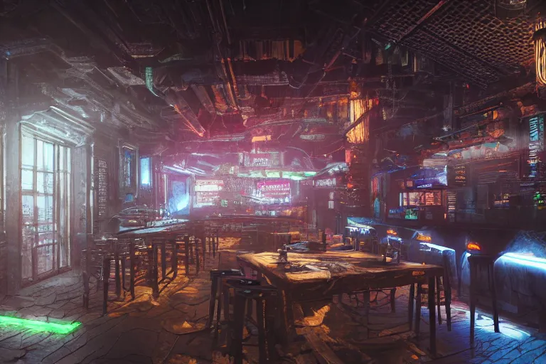 Image similar to ultra mega super hyper realistic Digital concept interior design of cyberpunk tavern with stone walls and neon lights, a lot of electronics, many details in style of Hiromasa Ogura and Josan Gonzalez. Natural white sunlight from the transperient roof. Rendered in VRAY and DaVinci Resolve and MAXWELL and LUMION 3D, Volumetric natural light