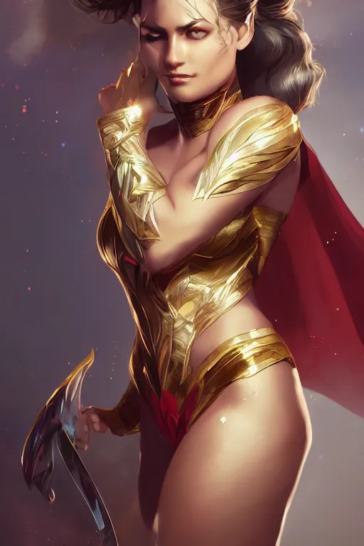 Image similar to three quarters portrait pose of a beautiful woman, strong body,super heroine costume,super powers, fantasy, intricate, elegant, highly detailed, digital painting, artstation, concept art,shining, sharp focus, illustration, art by Stanley Lau