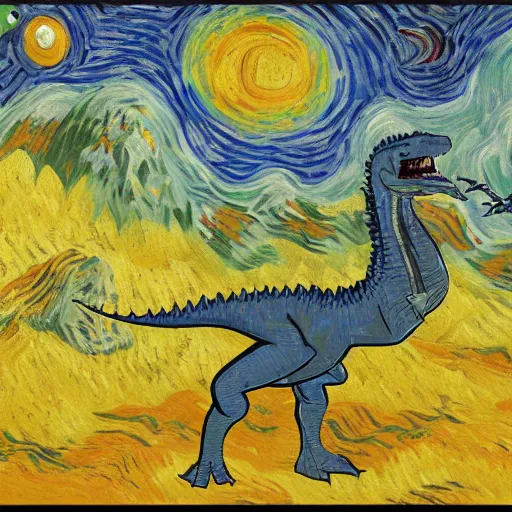 Prompt: painting of the extinction of the dinosaurs with asteroid and fire, in the style of vincent van gogh