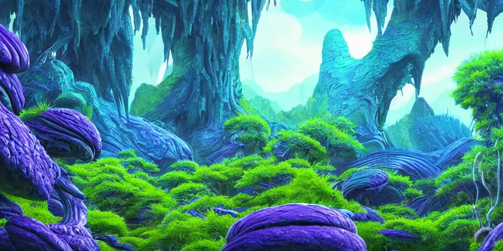 Image similar to a beautiful alien landscape with alien nature, deadly alien plants, colorful, vegetation, trees, blue atmosphere, wide angle, super highly detailed, professional digital painting, artstation, concept art, smooth, sharp focus, no blur, no dof, extreme illustration, Unreal Engine 5, Photorealism, HD quality, 8k resolution, cinema 4d, 3D, beautiful, cinematic, art by artgerm and greg rutkowski and alphonse mucha and loish and WLOP