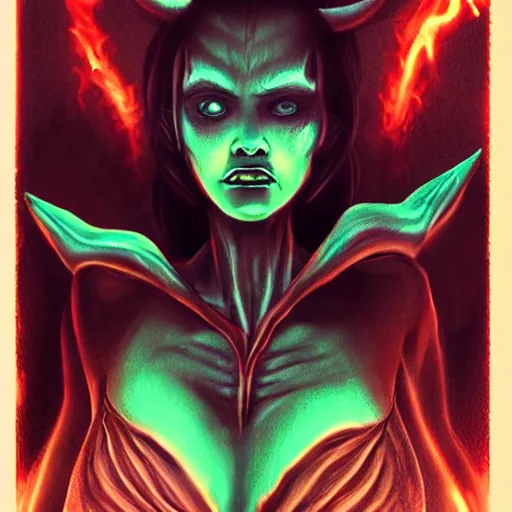 Prompt: realistic female alien, medium shot portrait, devil horns,,!!!!! human eyes!!!!!!, green body. red eyes, background flames