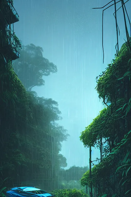 Prompt: emissary city in a jungle with a soft blue hue uder glow to the leaves, rain falling, vines, by arthur haas by james gilleard and laurie greasley, textured, cinematic matte painting, zaha hadid building, photo realism, dark moody color palate, blue hour stars, desolate glacial landscape,