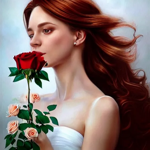 Image similar to portrait of a gorgeous woman holding a bouquet of roses in the style of stefan kostic, auburn hair, realistic, sharp focus, intricate, white dress, elegant, insanely detailed, 8 k high definition, art by artgerm, mark hill