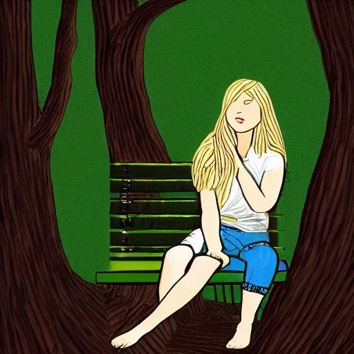 Image similar to an illustration of a young woman with long blond hair sitting on a green bench with her head in her hands, digital art