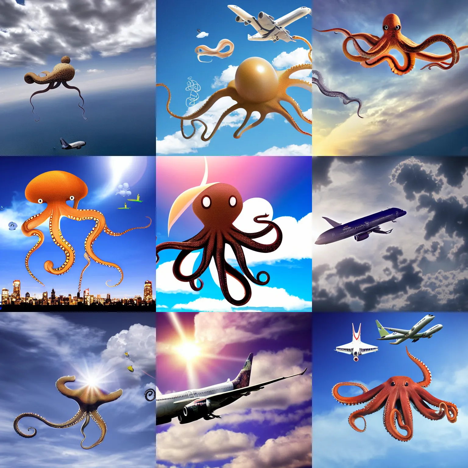Prompt: Octopus flying in the sky next to a commercial jet
