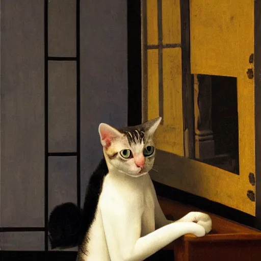 Image similar to cat on keyboard tragedy in the style of johannas vermeer