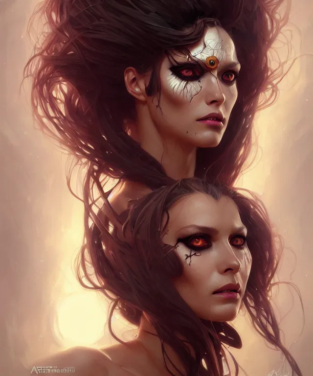 Prompt: Halloween woman portrait, sci-fi, amber eyes, face, long hair, fantasy, intricate, elegant, highly detailed, digital painting, artstation, concept art, smooth, sharp focus, illustration, art by artgerm and greg rutkowski and alphonse mucha