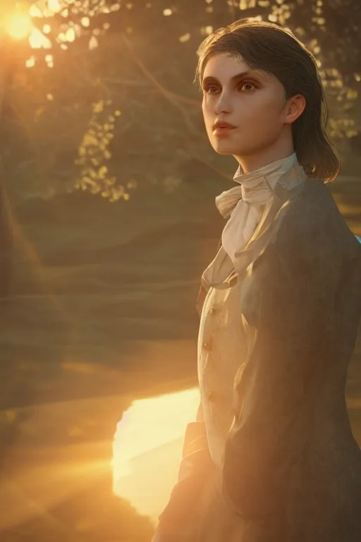 Image similar to beautiful portrait of a photo model, Portrait, Golden Hour, Rays of Shimmering Light, Natural Lighting, Artstation, by Caspar David Friedrich, by Pre-Raphaelite Brotherhood, Unreal Engine