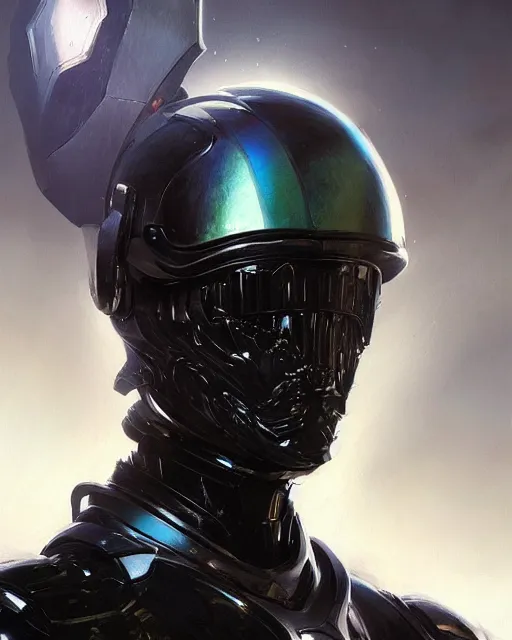 Prompt: character concept of iridescent sinewy smooth muscular male sleek glossy black pearlescent scifi armor with smooth black featureless helmet, by greg rutkowski, mark brookes, jim burns, tom bagshaw, magali villeneuve, trending on artstation