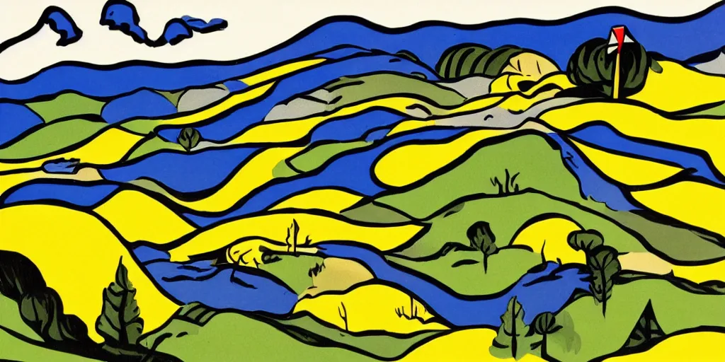 Image similar to landscape illustration in the style of roy lichtenstein