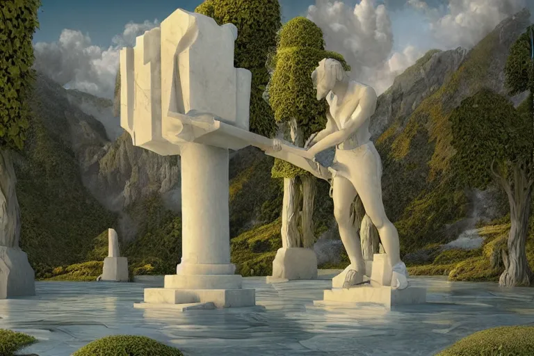 Image similar to a white marble statue of man ruins vicissitude octane render detailed surrealism by vladimir kush