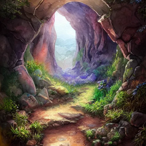 Image similar to portal to a valley, paved, botanic watercolors, iridescent, 8 k, realistic shaded, fine details, artstation, italian, iron gate