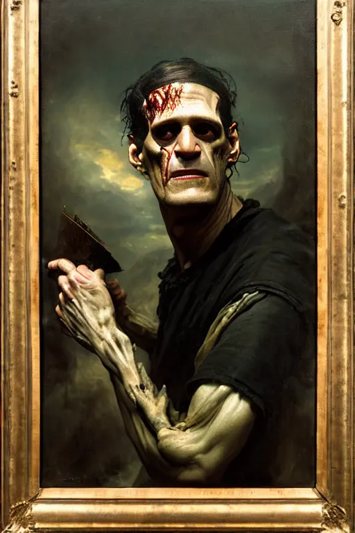 Image similar to photograph imax and solomon joseph solomon and richard schmid and jeremy lipking victorian loose genre loose painting full length portrait painting of frankenstein