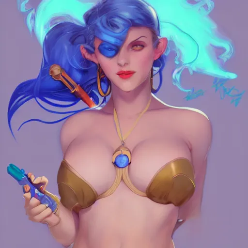 Image similar to beautiful girl portrait with blue hair wearing a bikini, symmetrical face, character concept, character concept art, by Peter Mohrbacher and Alphonse Mucha, overwatch, weapon, detailed, style, 8k, trending on artstation, unreal