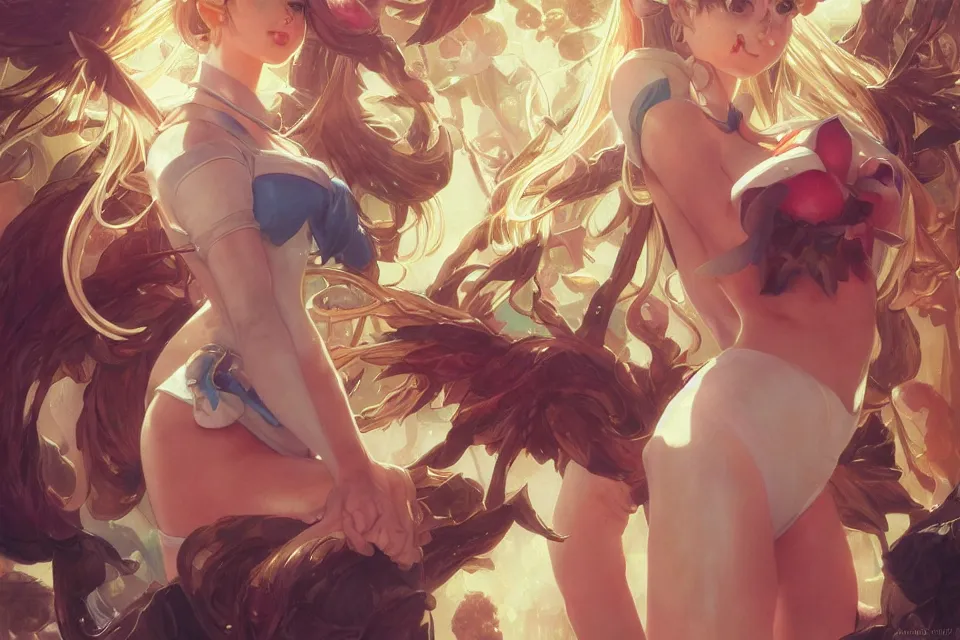 Image similar to Ultra realistic illustration, full body sailor moon at a sausage party, sci-fi, fantasy, intricate, elegant, highly detailed, digital painting, artstation, concept art, smooth, sharp focus, illustration, art by artgerm and greg rutkowski and alphonse mucha