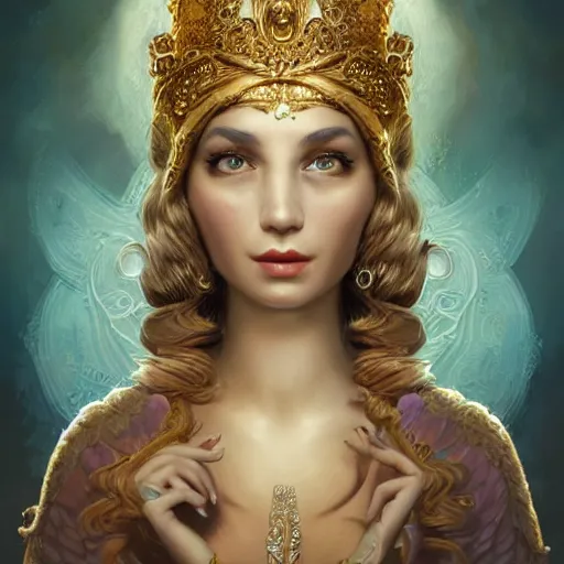 Image similar to an intelligent young goddess with a gold grown lookin at the camera, she has a beautiful unconventional face, intricate, elegant, highly detailed, digital painting, artstation, concept art, smooth, sharp focus, illustration, art by mark ryden and gaston bussiere 3 d 8 k ultra detailed