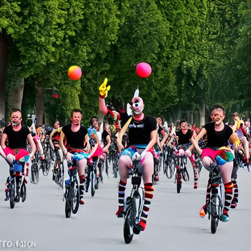 Image similar to sports photo of troupe of clowns on unicycles in a bunch sprint on the champs de elysees, tour de france