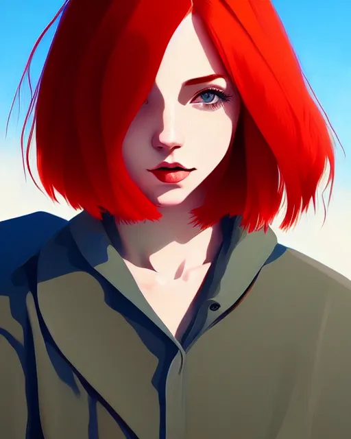 Image similar to a detailed portrait of an attractive!! woman with red hair and freckles by ilya kuvshinov, digital art, dramatic lighting, dramatic angle