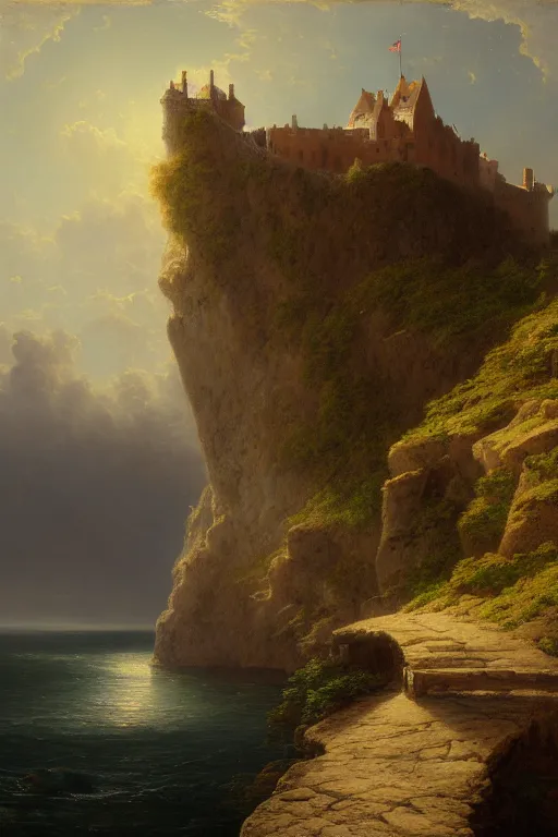 Prompt: an old castle on a seaside cliff by andreas achenbach and peder balke and martin johnson heade sharp digital painting. dreaming latent space. matte painting, concept art. artstation. digital render. realistic, 8 k