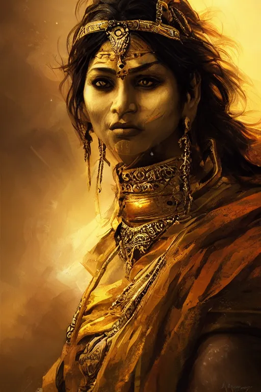 Image similar to hindu warrior, close - up portrait, fierce, intricate, elegant, volumetric lighting, scenery, digital painting, highly detailed, artstation, sharp focus, illustration, concept art, ruan jia, steve mccurry