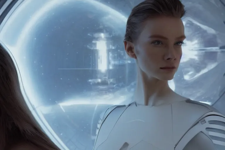 Image similar to VFX movie of a futuristic space woman model gorgeous portrait in inhuman future spaceship, beautiful natural skin natural lighting by Emmanuel Lubezki