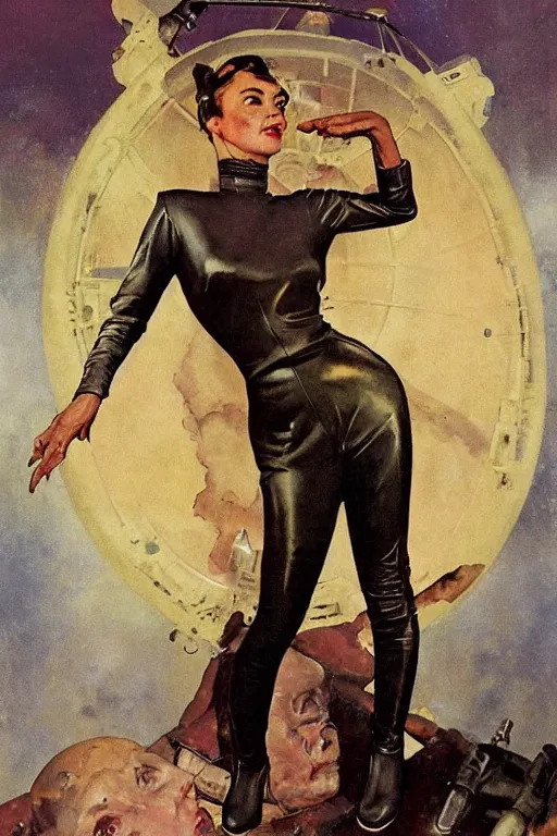 Image similar to 5 0 s pulp scifi fantasy illustration full body portrait elegant slim mature woman in leather spacesuit, background english countyside, by norman rockwell, roberto ferri, daniel gerhartz, edd cartier, jack kirby, howard v brown, ruan jia, tom lovell, frank r paul, jacob collins, dean cornwell, astounding stories, amazing, fantasy, other worlds