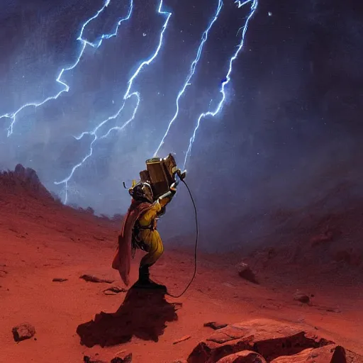 Prompt: UHD closeup of Jack Black calling the lightning on Mars, by Antonio Caparo and Ferdinand Knab and Greg Rutkowski, UHD, photorealistic, trending on artstation, trending on deviantart