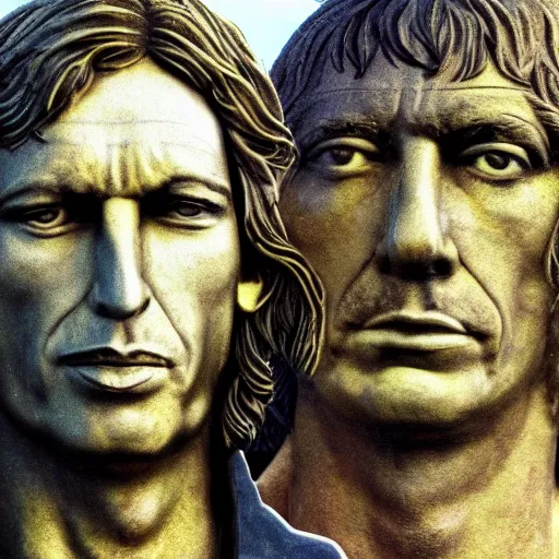 Prompt: composition of roger waters, syd barret and david gilmore visiting the eastern island statues, realistic, hdr, hdd, 8 k,