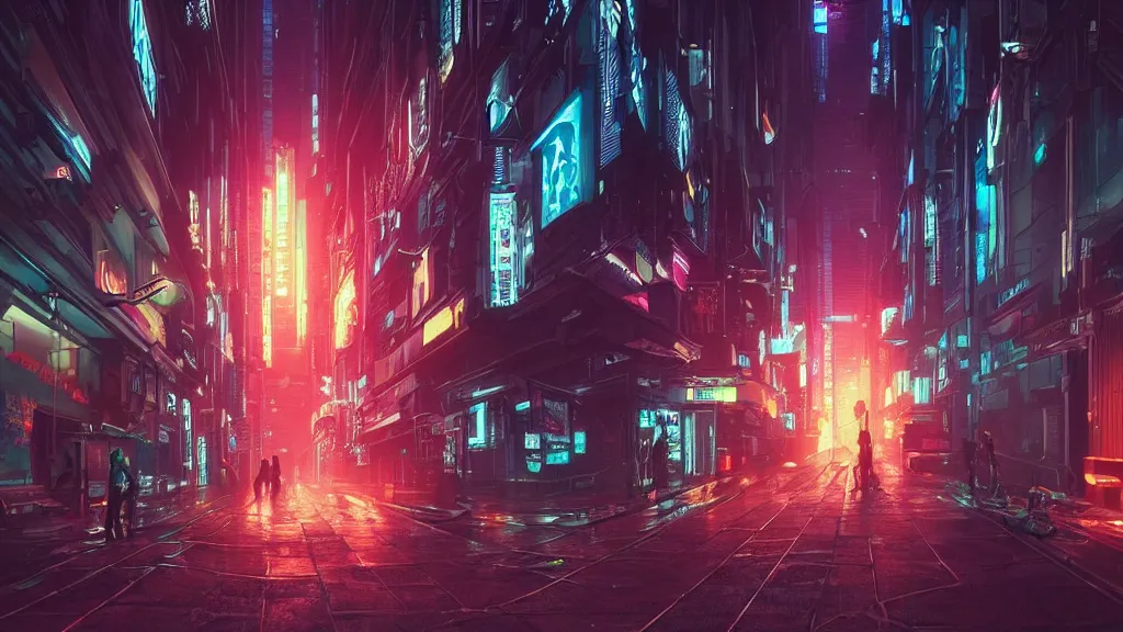 Prompt: cyberpunk city streets at night, digital illustration by greg rutkowski, android netrunner, fire, colored lighting