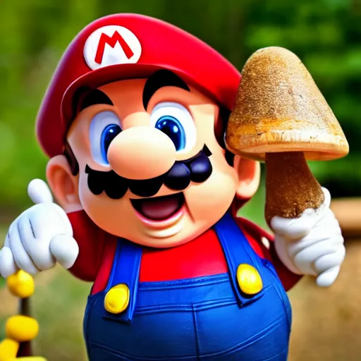 Image similar to photo of real life mario finding a giant mushroom, exhilarated, portrait, closeup. mouth open, 30mm, bokeh